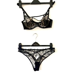 NWOT Agent Provocateur bra/panty set, sheer lace and faux leather lifting bra